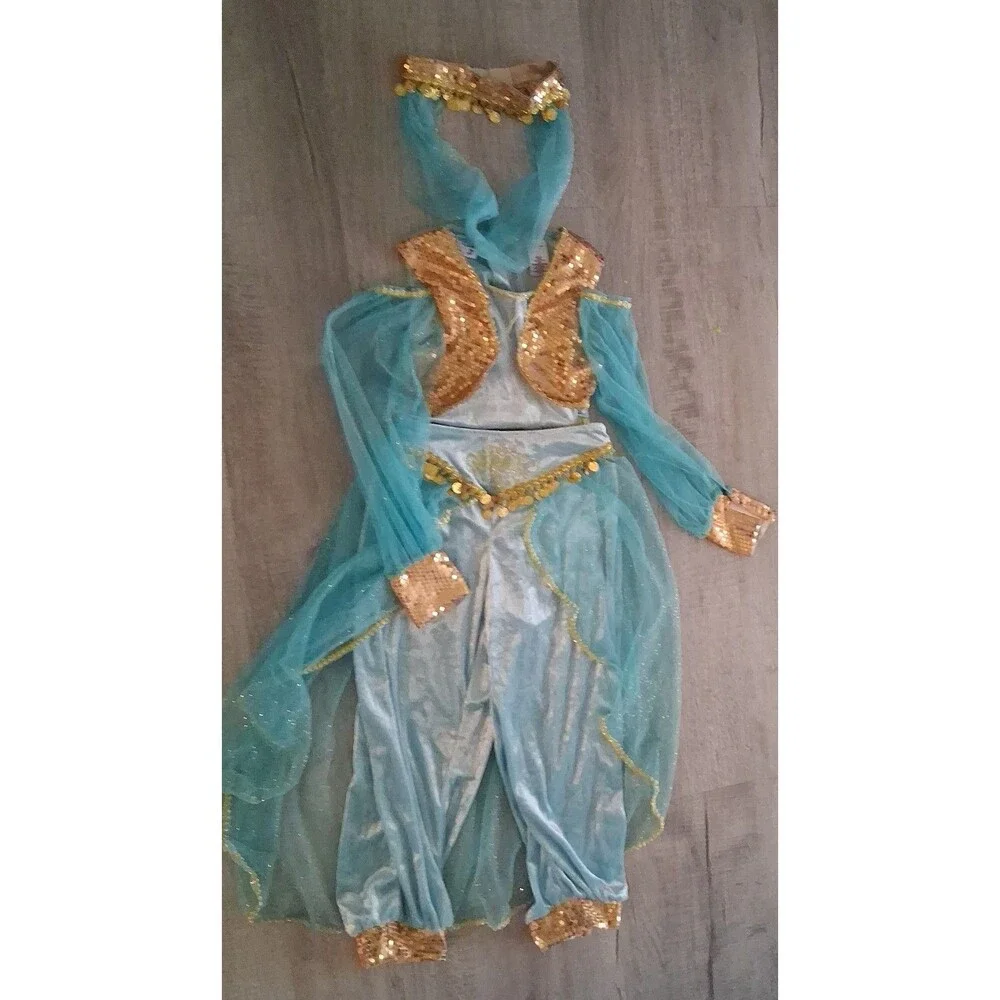 Girls Jasmine Aladdin Costume with Cape and Pants head set 3 pieces sz 7-8